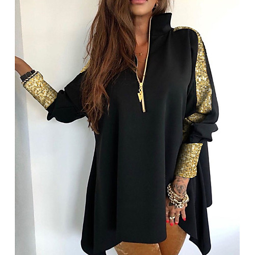 

Women's Color Block Coat Regular Daily Long Sleeve Polyester Coat Tops Black