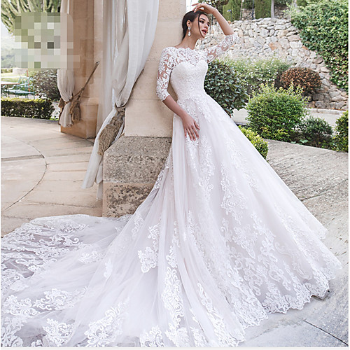 

A-Line Wedding Dresses Off Shoulder Court Train Lace 3/4 Length Sleeve Country Illusion Sleeve with 2021