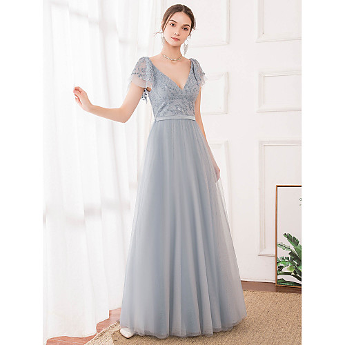 

A-Line V Neck Floor Length Tulle Bridesmaid Dress with Appliques