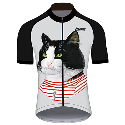 

21Grams Men's Short Sleeve Cycling Jersey Spandex BlackWhite Cat Animal Bike Jersey Top Mountain Bike MTB Road Bike Cycling UV Resistant Quick Dry Breathable Sports Clothing Apparel / Stretchy