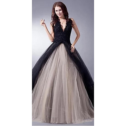 

Ball Gown Wedding Dresses V Neck Sweep / Brush Train Lace Tulle Regular Straps Sexy Plus Size Black Modern with Lace Appliques 2021