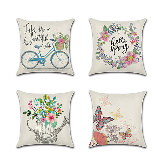 

Set of 4 Linen Pillow Cover Holiday Cartoon Butterfly Spring Flowers Throw Pillow 4545 cm