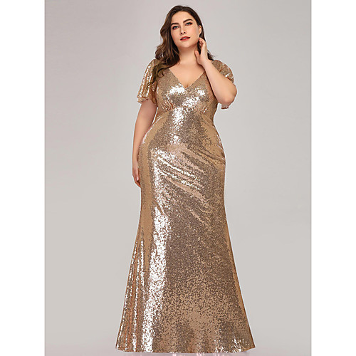 

Mermaid / Trumpet Sexy Sparkle Wedding Guest Engagement Prom Dress V Neck Short Sleeve Floor Length Sequined with Sequin 2020