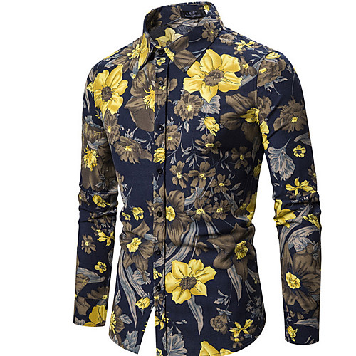 

Men's Shirt Floral Long Sleeve Daily Tops Navy Blue Beige
