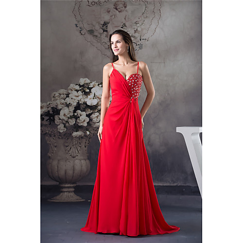 

A-Line Elegant Formal Evening Dress Spaghetti Strap Sleeveless Court Train Chiffon with Beading 2021