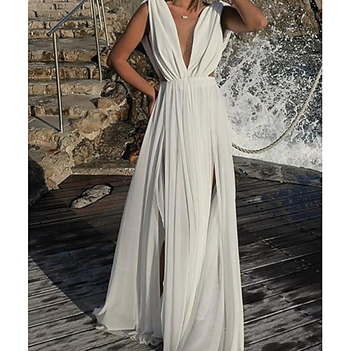 

Women's Maxi Swing Dress - Sleeveless Solid Colored Spring & Summer Deep V Slim 2020 White S M L XL
