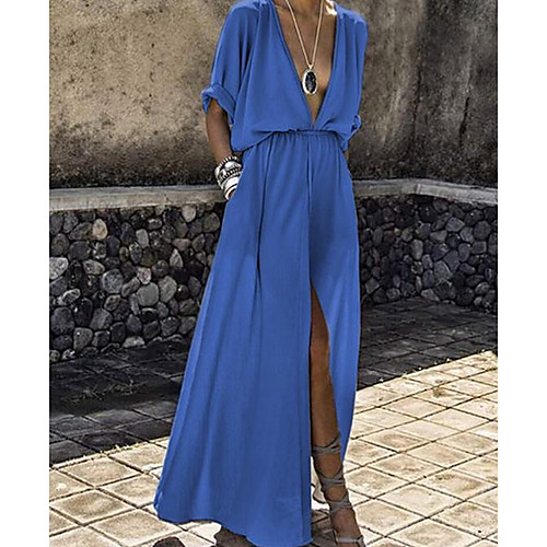 

Women's Maxi Swing Dress - Half Sleeve Solid Colored Spring & Summer Deep V Slim 2020 Black Blue Gray S M L XL XXL XXXL