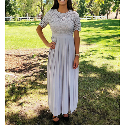 

Sheath / Column Mother of the Bride Dress Elegant Jewel Neck Floor Length Chiffon Lace Short Sleeve with Lace Appliques Ruching 2021