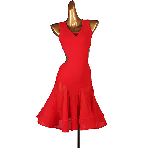 

Latin Dance Dress Split Joint Women's Training Sleeveless High Chinlon Tulle