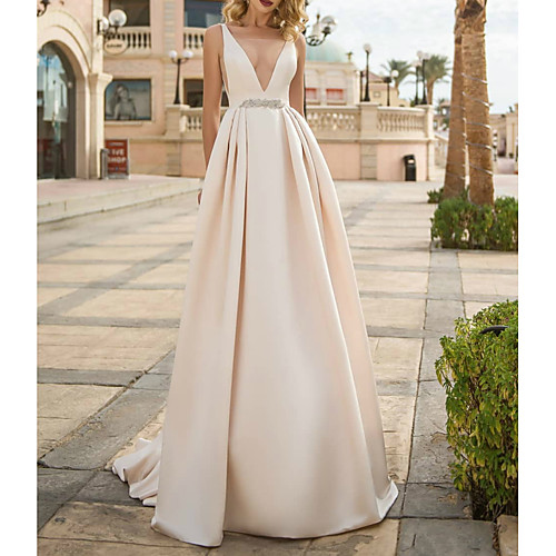 

A-Line Wedding Dresses V Neck Floor Length Polyester Sleeveless Formal Plus Size with Draping 2021