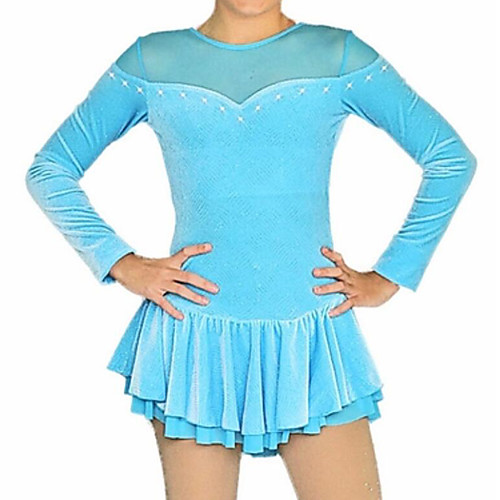 

Figure Skating Dress Women's Girls' Ice Skating Dress Sky Blue Patchwork Spandex High Elasticity Training Competition Skating Wear Patchwork Crystal / Rhinestone Long Sleeve Ice Skating Figure Skating