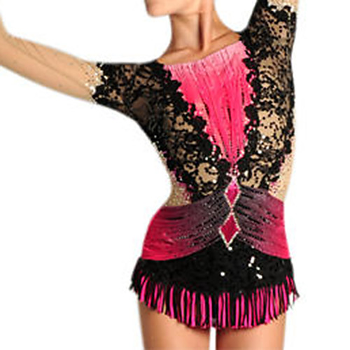 

21Grams Rhythmic Gymnastics Leotards Artistic Gymnastics Leotards Women's Girls' Leotard Fuchsia Spandex High Elasticity Handmade Jeweled Diamond Look Long Sleeve Competition Dance Rhythmic