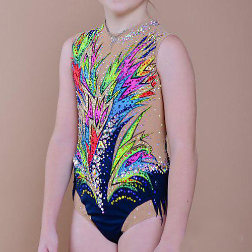 

21Grams Rhythmic Gymnastics Leotards Artistic Gymnastics Leotards Women's Girls' Leotard Green Spandex High Elasticity Handmade Jeweled Diamond Look Sleeveless Competition Dance Rhythmic Gymnastics