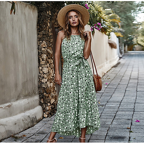 

Women's Swing Dress Midi Dress White Red Light Green Sleeveless Polka Dot Print Summer S M L XL