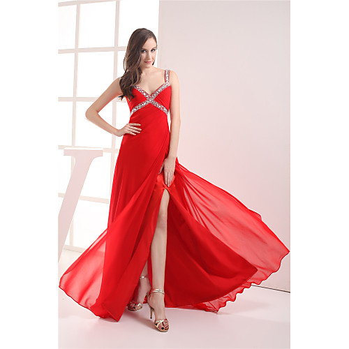 

A-Line Elegant Formal Evening Dress V Neck Sleeveless Floor Length Chiffon with Ruched Beading Split 2021