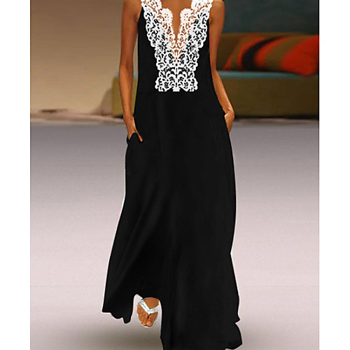 

Women's Maxi Sheath Dress - Sleeveless Color Block Deep V Elegant Slim Black S M L XL XXL