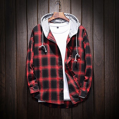 

Men's Daily Spring & Fall Regular Jacket, Plaid Hooded Long Sleeve Polyester Black / Blue / Red