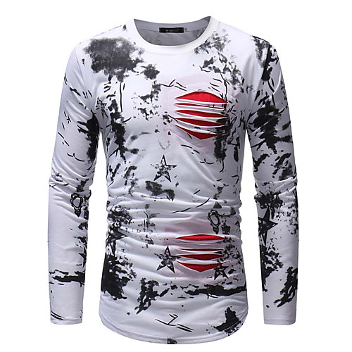 

Men's Geometric Print T-shirt - Cotton Basic Street chic Daily Going out Round Neck White / Black / Long Sleeve