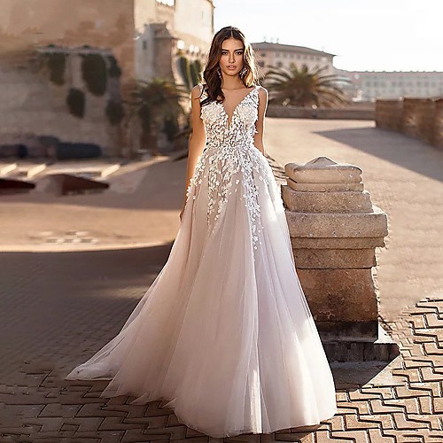 

A-Line Wedding Dresses V Neck Sweep / Brush Train Lace Spaghetti Strap Country Boho with 2021