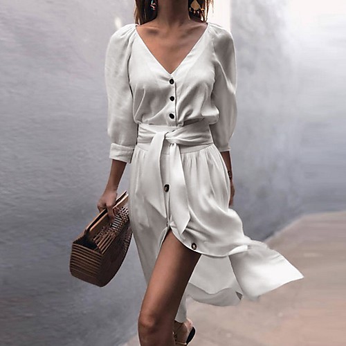 

Women's Asymmetrical A Line Dress - Long Sleeve Solid Color V Neck White Blushing Pink Beige Gray S M L XL