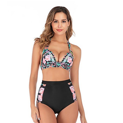 

Women's Plus Size Basic Halter Bikini Swimwear Swimsuit - Geometric Solid Colored Backless S M L White Black Blue Purple Red