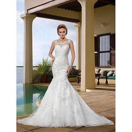 

Mermaid / Trumpet Wedding Dresses Scoop Neck Court Train Lace Regular Straps Country with 2021