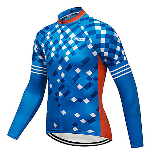 

21Grams Men's Long Sleeve Cycling Jersey Winter Spandex Polyester Blue Plaid Checkered Geometic Bike Jersey Top Mountain Bike MTB Road Bike Cycling Thermal / Warm UV Resistant Breathable Sports