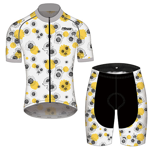 

21Grams Men's Women's Short Sleeve Cycling Jersey with Shorts Black / Yellow Floral Botanical Bike Clothing Suit Breathable 3D Pad Quick Dry Reflective Strips Sports Floral Botanical Mountain Bike