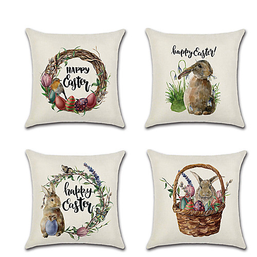 

Happy Easter Set of 4 Linen Pillow Cover Holiday Cartoon Happy Rabbit Traditional Easter Throw Pillow 4545 cm