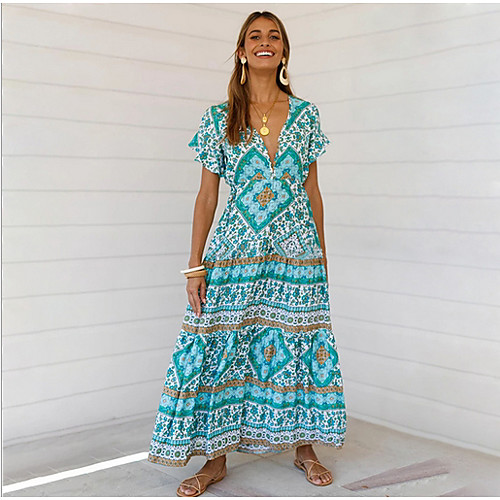 

Women's Maxi Sheath Dress - Short Sleeve Geometric V Neck Elegant Slim Green S M L XL