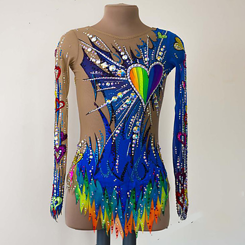 

21Grams Rhythmic Gymnastics Leotards Artistic Gymnastics Leotards Women's Girls' Leotard Dark Blue Spandex High Elasticity Breathable Handmade Jeweled Diamond Look Long Sleeve Training Dance Rhythmic