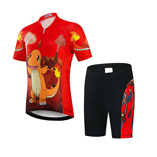 

21Grams Girls' Short Sleeve Cycling Jersey with Shorts - Kid's Spandex Black / Red Dinosaur Funny Animal Bike UV Resistant Quick Dry Breathable Sports Dinosaur Mountain Bike MTB Road Bike Cycling