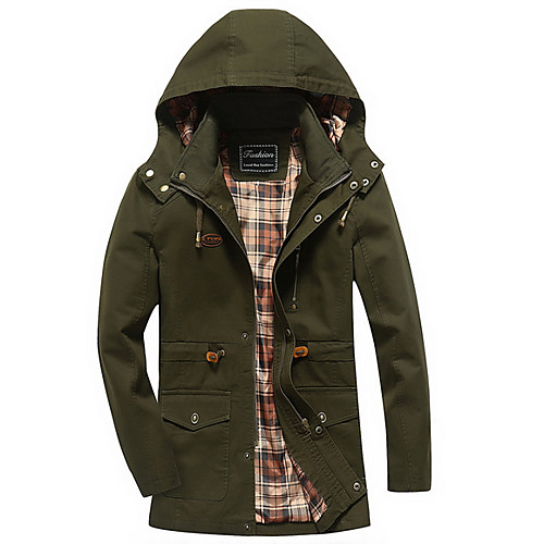 

Men's Daily Fall & Winter Regular Jacket, Solid Colored Hooded Long Sleeve Polyester Black / Army Green / Khaki