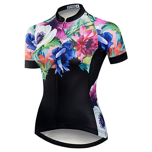 

21Grams Women's Short Sleeve Cycling Jersey Black / Blue Floral Botanical Bike Jersey Top Mountain Bike MTB Road Bike Cycling UV Resistant Breathable Quick Dry Sports Clothing Apparel / Stretchy