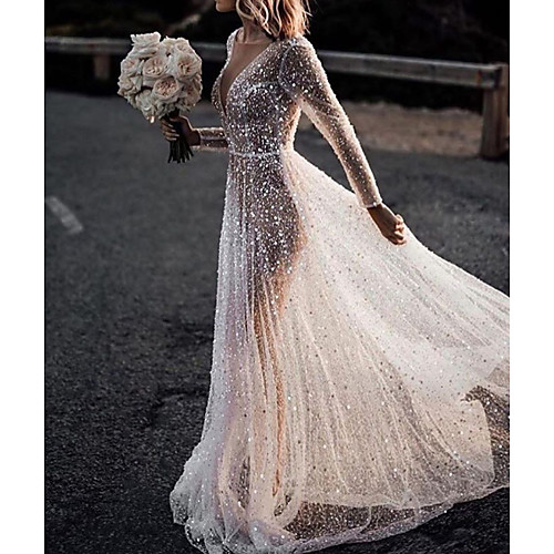 

A-Line Wedding Dresses Bateau Neck Court Train Lace Tulle Polyester Long Sleeve Formal Boho Plus Size Illusion Sleeve with Lace Insert Appliques 2020