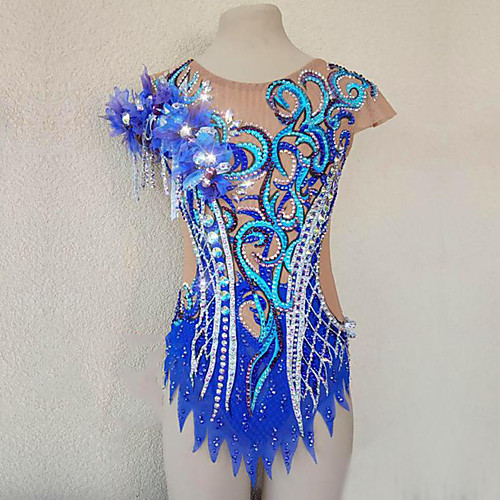 

21Grams Rhythmic Gymnastics Leotards Artistic Gymnastics Leotards Women's Girls' Leotard Blue Spandex High Elasticity Handmade Jeweled Diamond Look Sleeveless Competition Dance Rhythmic Gymnastics