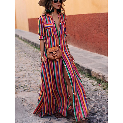 

Women's Shift Dress Maxi long Dress Black Blue Purple Long Sleeve Geometric Shirt Collar Hot Elegant S M L XL XXL 3XL