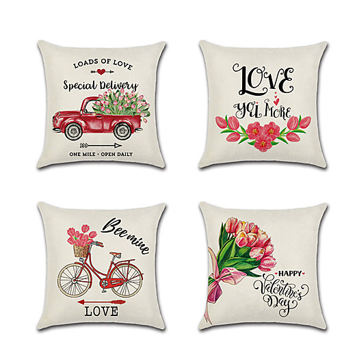 

Set of 4 Linen Pillow Cover Valentine's Day Lovers Wedding Flower Tulips Throw Pillow 4545 cm