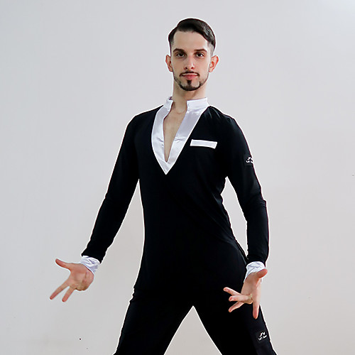 

Latin Dance Top Ruching Men's Performance Long Sleeve Crystal Cotton