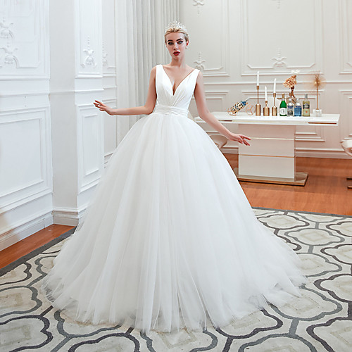 

A-Line Wedding Dresses V Neck Court Train Tulle Spaghetti Strap Formal Romantic Casual with 2021