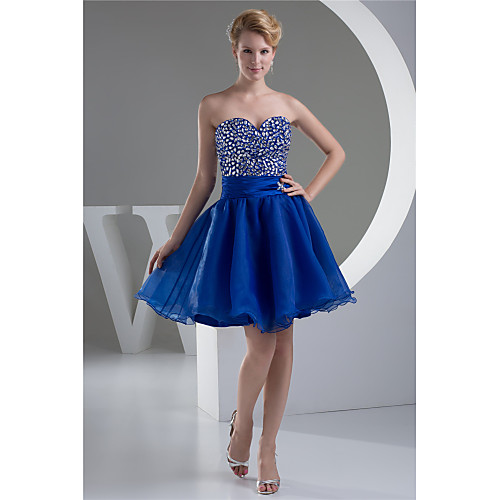 

A-Line Elegant Cocktail Party Formal Evening Dress Sweetheart Neckline Sleeveless Knee Length Organza with Ruched Crystals Beading 2021