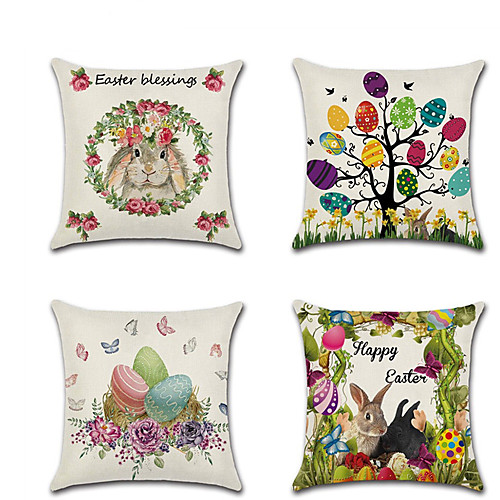 

Happy Easter Set of 4 Linen Pillow Cover Holiday Cartoon Easter Bunnies Eggs Flowers Throw Pillow 4545 cm