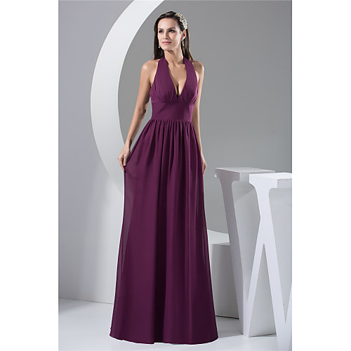 

A-Line Elegant Formal Evening Dress Halter Neck Sleeveless Floor Length Chiffon with Pleats 2021