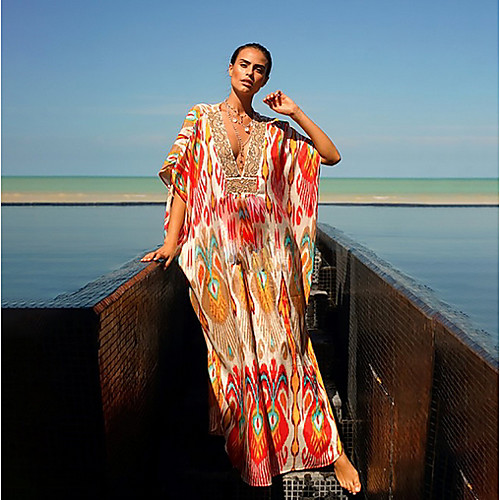 

Women's Maxi Shift Dress - Half Sleeve Color Block Deep V Elegant Slim Rainbow One-Size