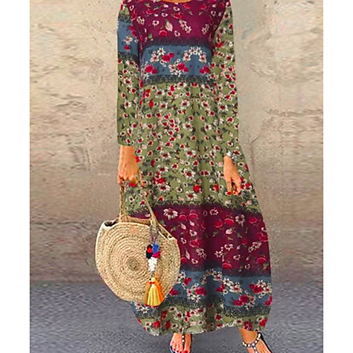 

Women's Maxi Shift Dress - Long Sleeve Geometric Elegant Loose Purple Red Navy Blue S M L XL XXL XXXL XXXXL XXXXXL