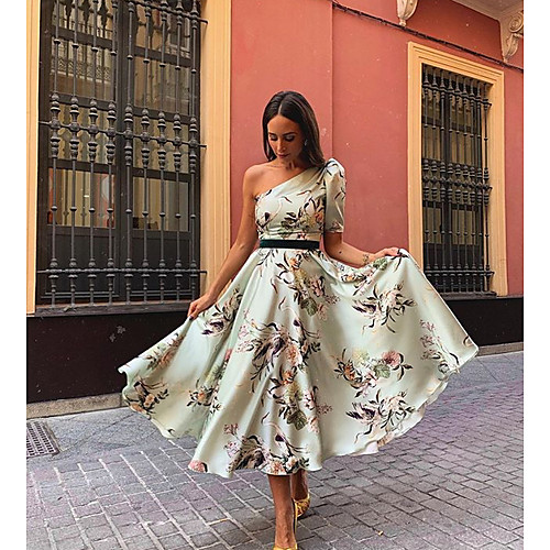 

Women's Swing Dress Maxi long Dress Light Green Short Sleeve Geometric One Shoulder S M L XL