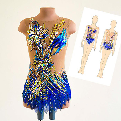

21Grams Rhythmic Gymnastics Leotards Artistic Gymnastics Leotards Women's Girls' Leotard Blue Spandex High Elasticity Breathable Handmade Jeweled Diamond Look Sleeveless Training Dance Rhythmic