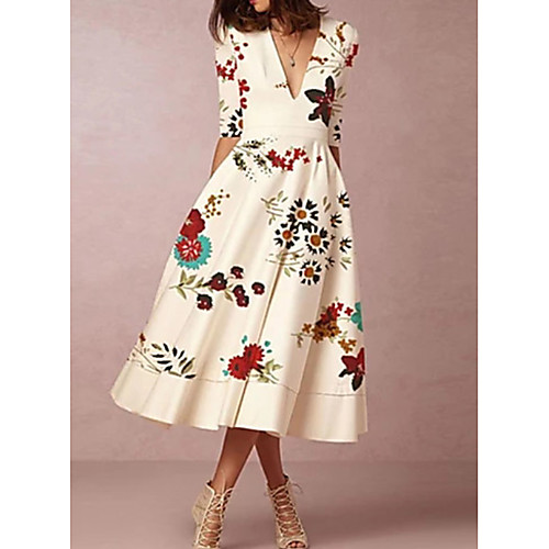 

A-Line Mother of the Bride Dress Elegant Plunging Neck Tea Length Polyester Half Sleeve with Ruching 2021
