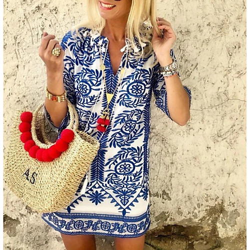 

Women's Loose Short Mini Dress Blue 3/4 Length Sleeve Geometic V Neck M L XL XXL