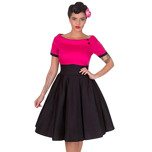 

Audrey Hepburn Retro Vintage 1950s Wasp-Waisted Dress Women's Cotton Costume Black / Red / Fuchsia Vintage Cosplay Party Daily Wear Long Sleeve Midi